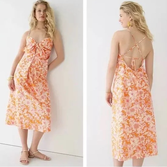 J. Crew Dresses & Skirts - J. Crew Orange Floral Babydoll Spaghetti Strap Open Back MIDI Dress Size S